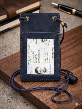 Genuine Leather ID Holder, Blue ID Card Organizer for School, Office